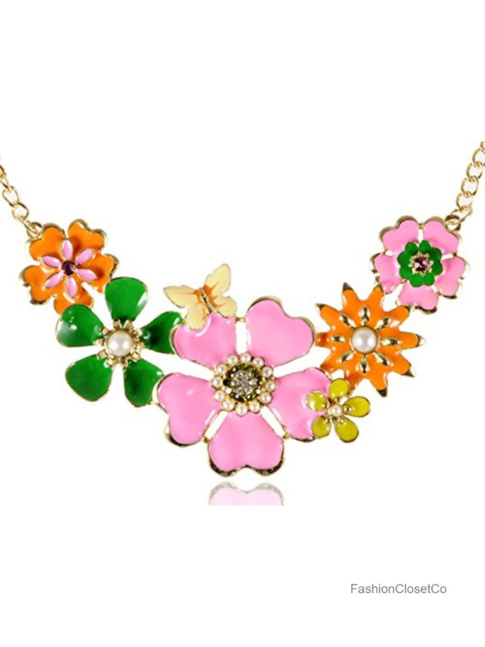 Gold Tone Enamel Flower Butterfly Bib Statement Necklace Faux Pearl Rhinestone